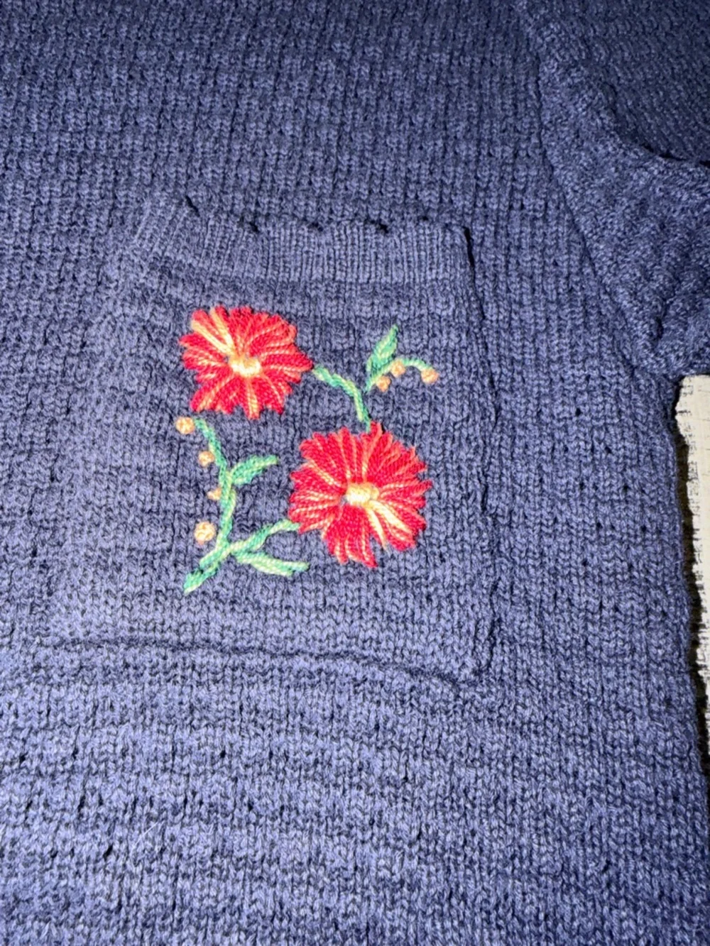 Crewneck Navy Textured Knit Sweater with Floral Pocket - Picture 3 of 9